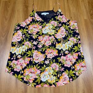 LOFT Womens Large Navy Blue Pink Floral V-Neck Spaghetti Strap Camisole Blouse